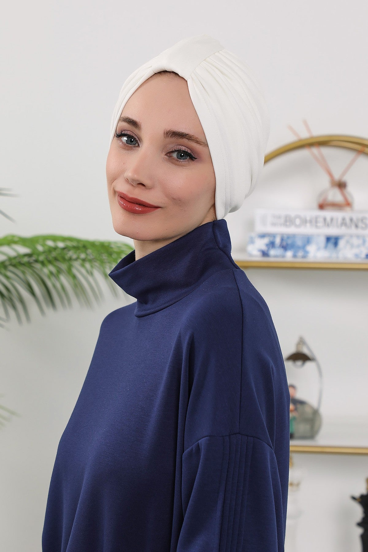 Stretchy All Season Turban Underscarf with Twist Front Design, Ready to Wear Women Bonnet for Daily Modest Wear,B-68O Ecru