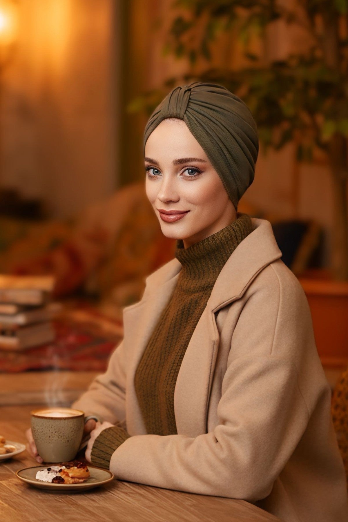 Stretchy All Season Turban Underscarf with Twist Front Design, Ready to Wear Women Bonnet for Daily Modest Wear,B-68O Army Green