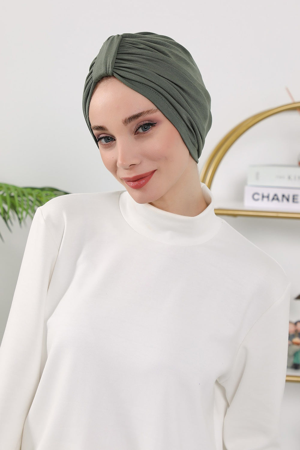 Stretchy All Season Turban Underscarf with Twist Front Design, Ready to Wear Women Bonnet for Daily Modest Wear,B-68O Army Green