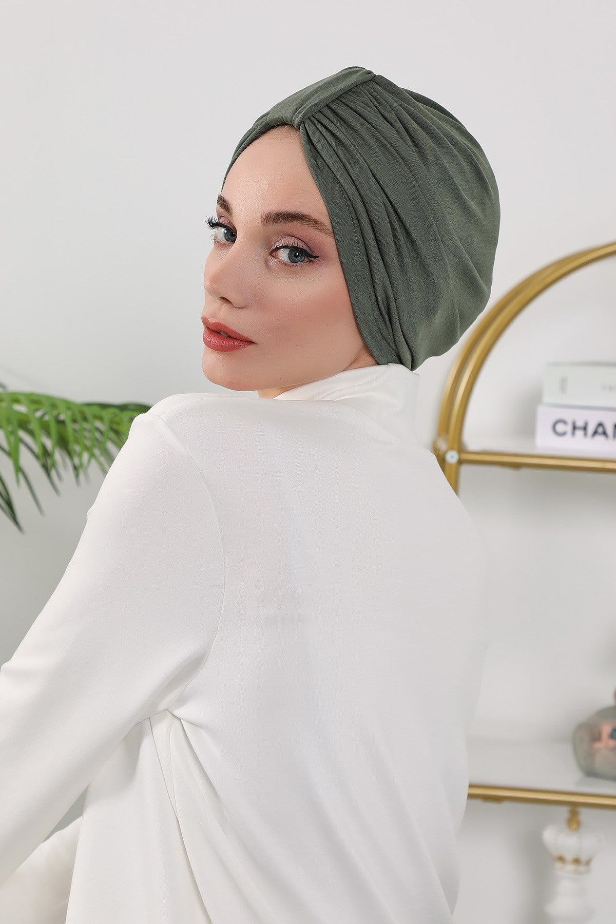 Stretchy All Season Turban Underscarf with Twist Front Design, Ready to Wear Women Bonnet for Daily Modest Wear,B-68O Army Green
