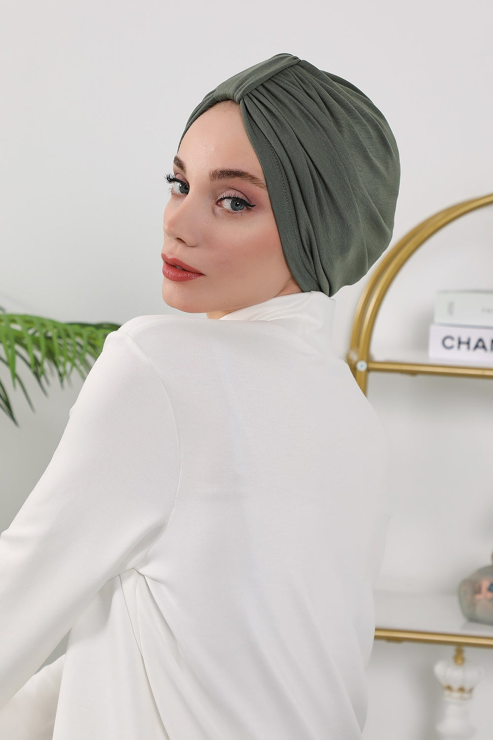 Stretchy All Season Turban Underscarf with Twist Front Design, Ready to Wear Women Bonnet for Daily Modest Wear,B-68O Army Green