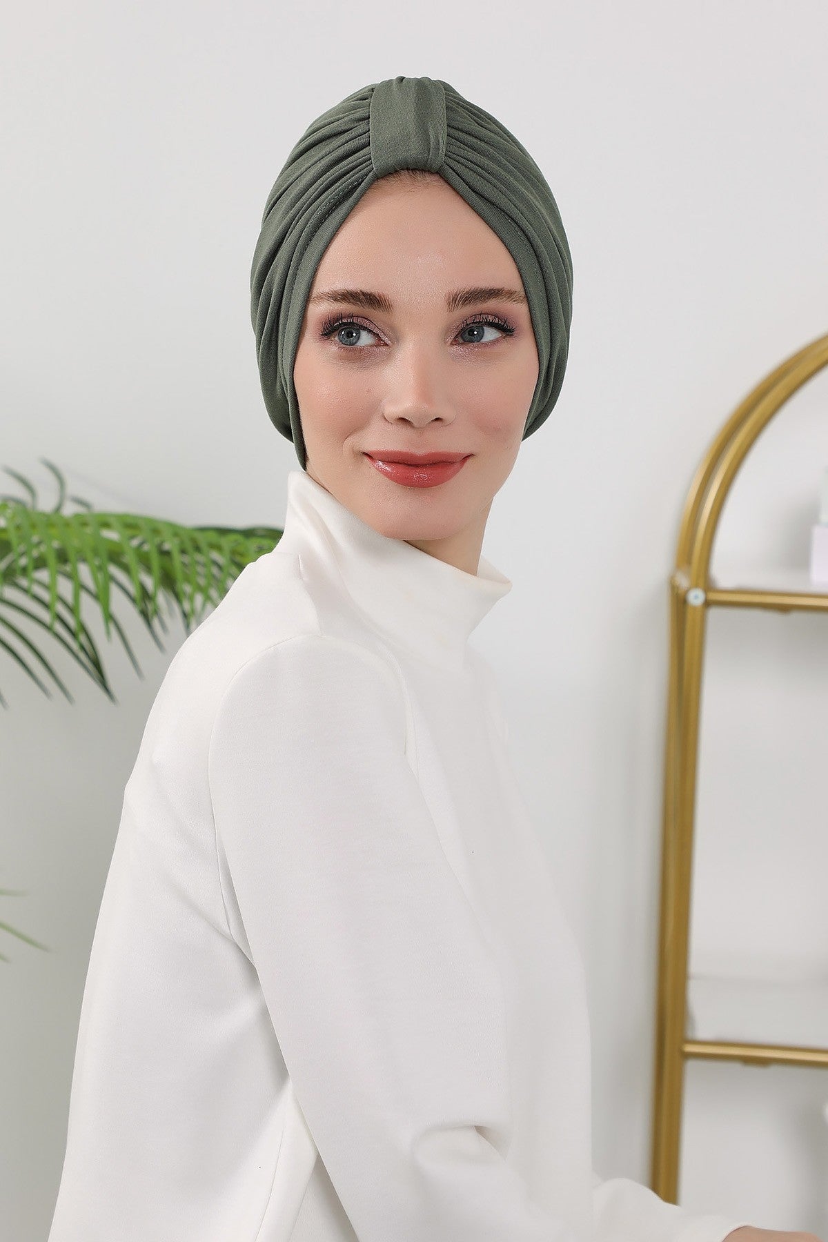 Stretchy All Season Turban Underscarf with Twist Front Design, Ready to Wear Women Bonnet for Daily Modest Wear,B-68O Army Green