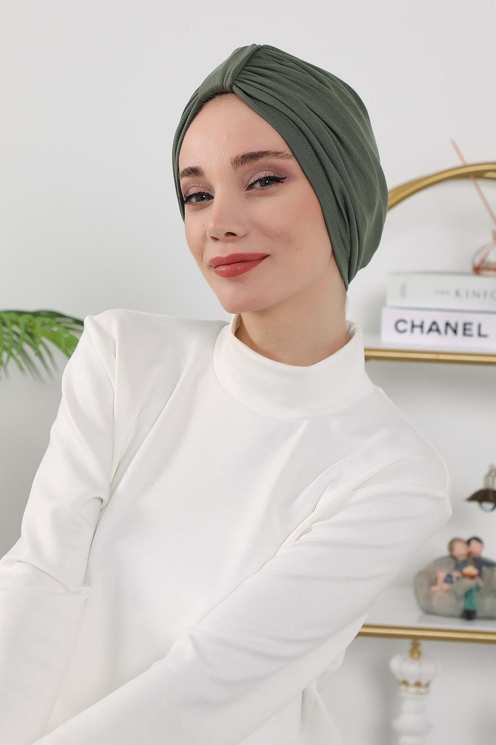 Stretchy All Season Turban Underscarf with Twist Front Design, Ready to Wear Women Bonnet for Daily Modest Wear,B-68O Army Green