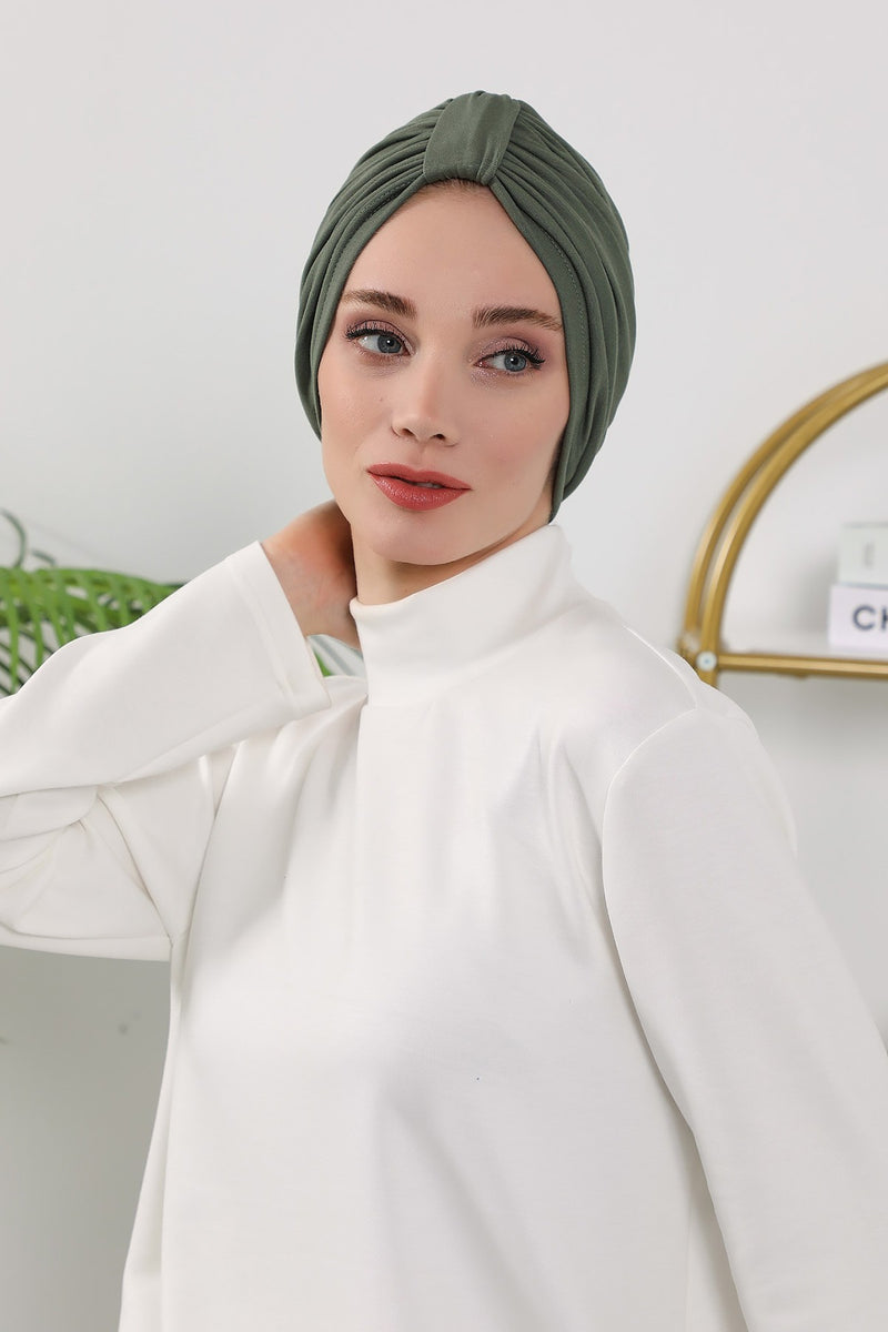 Stretchy All Season Turban Underscarf with Twist Front Design, Ready to Wear Women Bonnet for Daily Modest Wear,B-68O