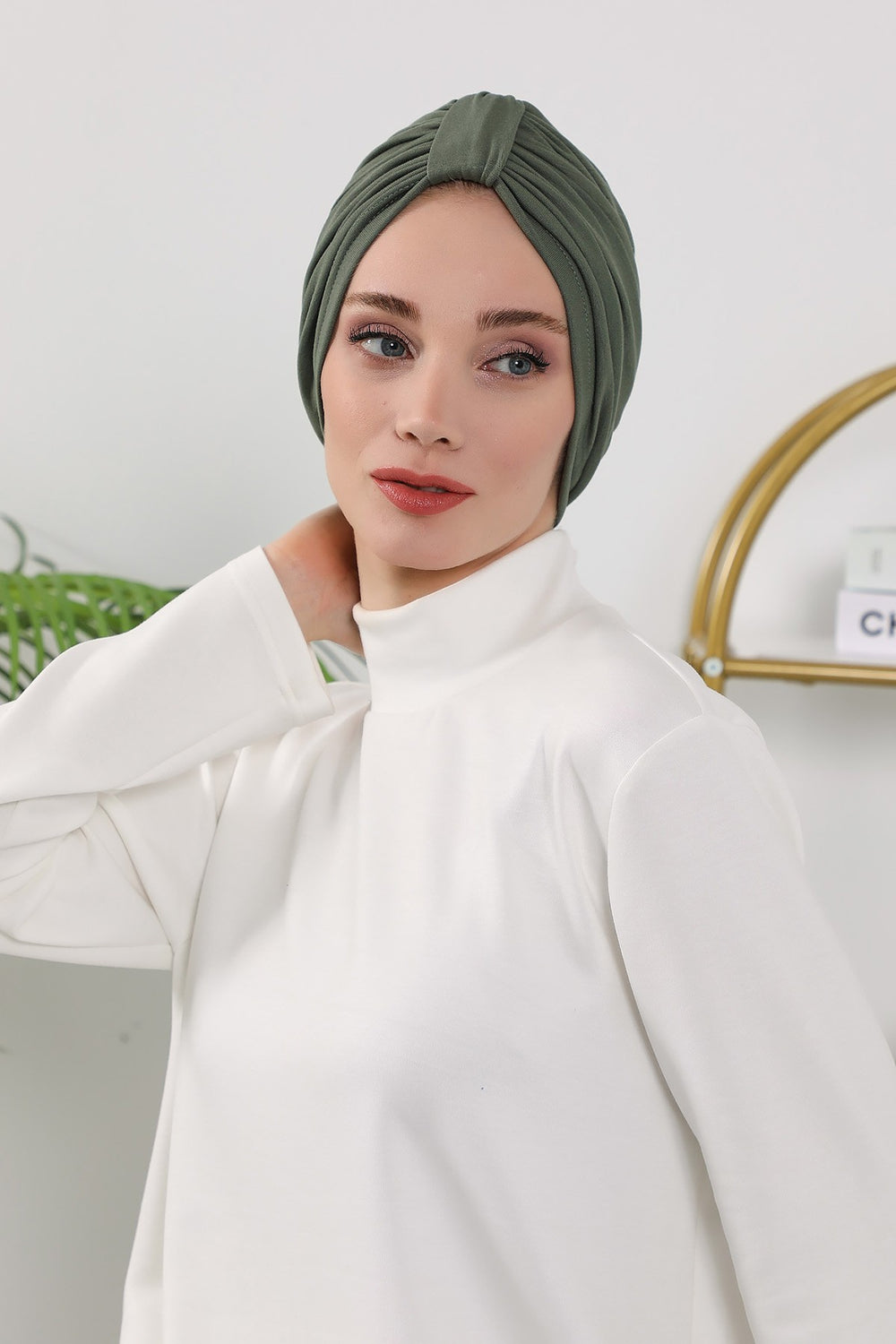Stretchy All Season Turban Underscarf with Twist Front Design, Ready to Wear Women Bonnet for Daily Modest Wear,B-68O Army Green