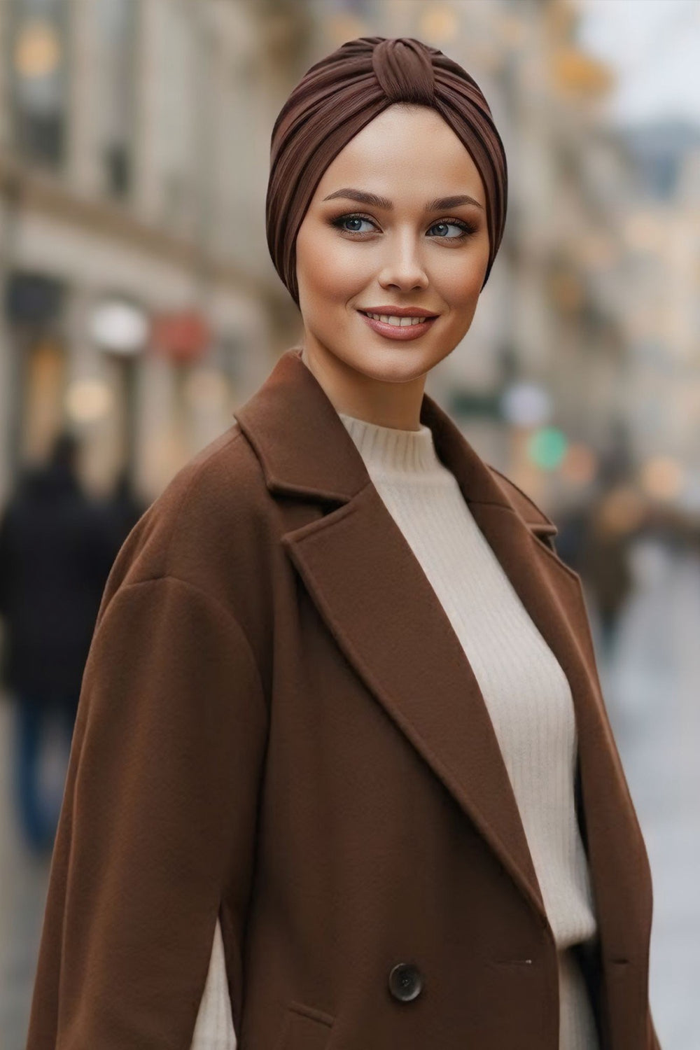 Stretchy All Season Turban Underscarf with Twist Front Design, Ready to Wear Women Bonnet for Daily Modest Wear,B-68O Brown