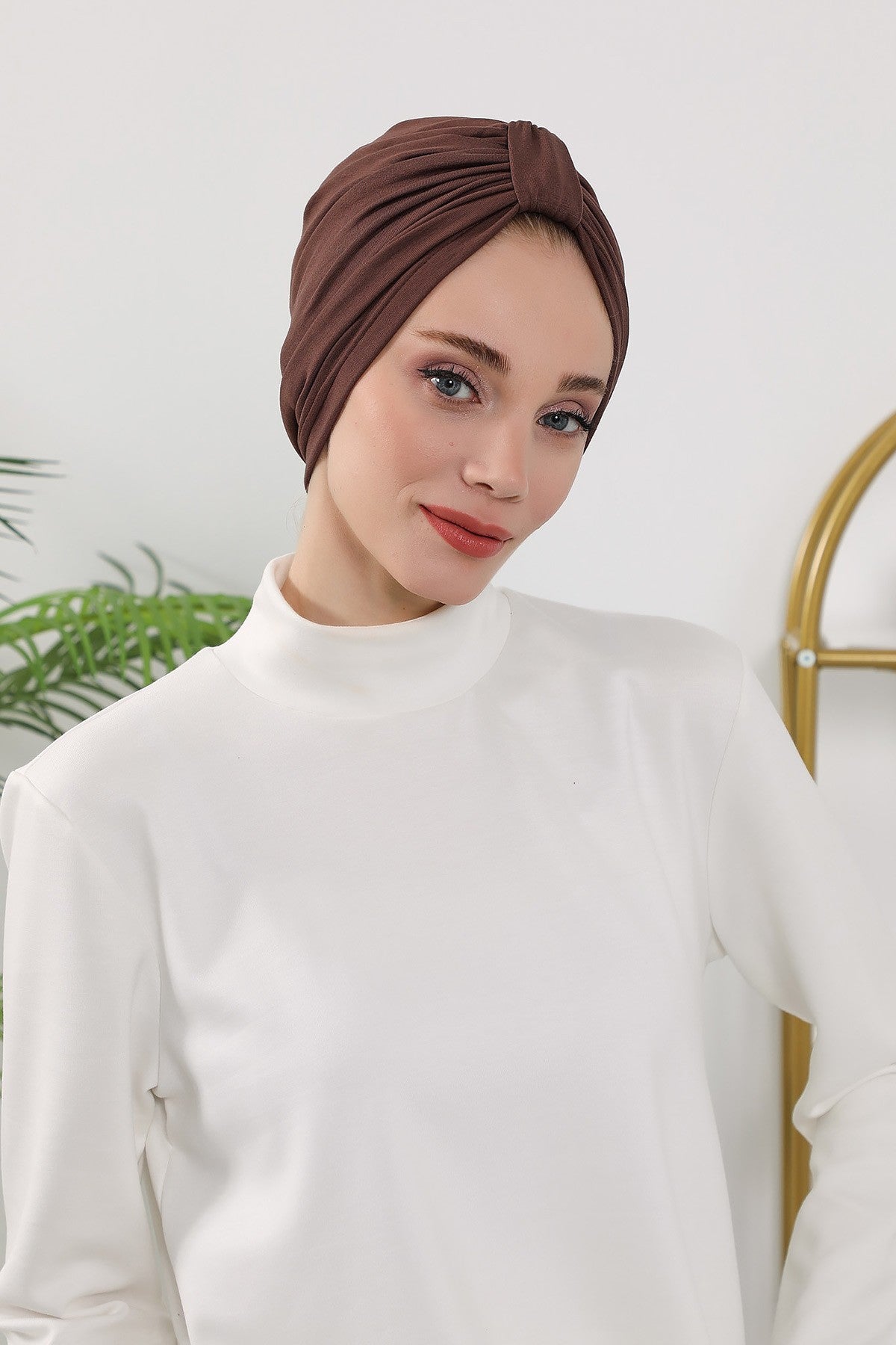 Stretchy All Season Turban Underscarf with Twist Front Design, Ready to Wear Women Bonnet for Daily Modest Wear,B-68O Brown