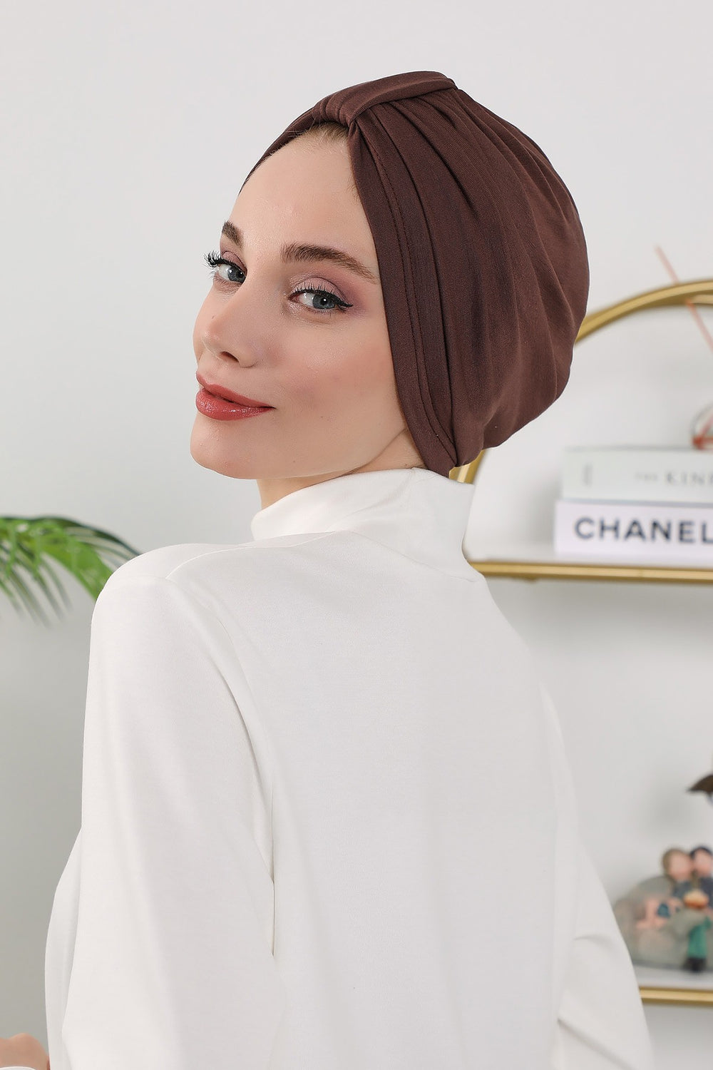 Stretchy All Season Turban Underscarf with Twist Front Design, Ready to Wear Women Bonnet for Daily Modest Wear,B-68O Brown