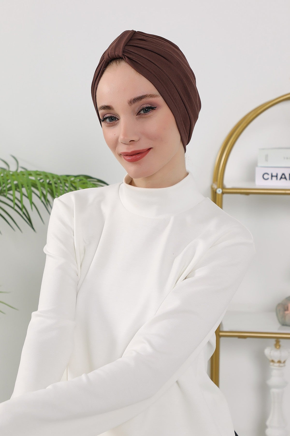 Stretchy All Season Turban Underscarf with Twist Front Design, Ready to Wear Women Bonnet for Daily Modest Wear,B-68O Brown