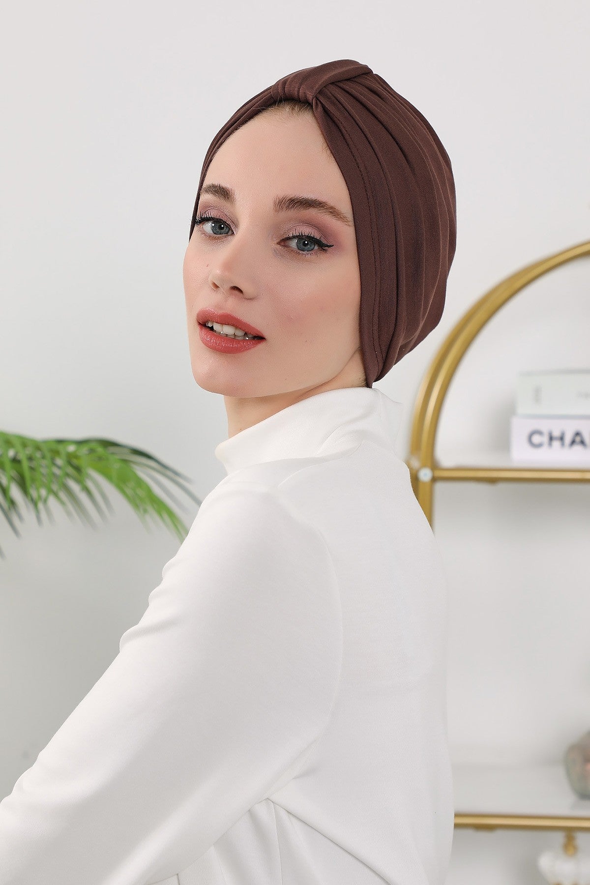 Stretchy All Season Turban Underscarf with Twist Front Design, Ready to Wear Women Bonnet for Daily Modest Wear,B-68O Brown