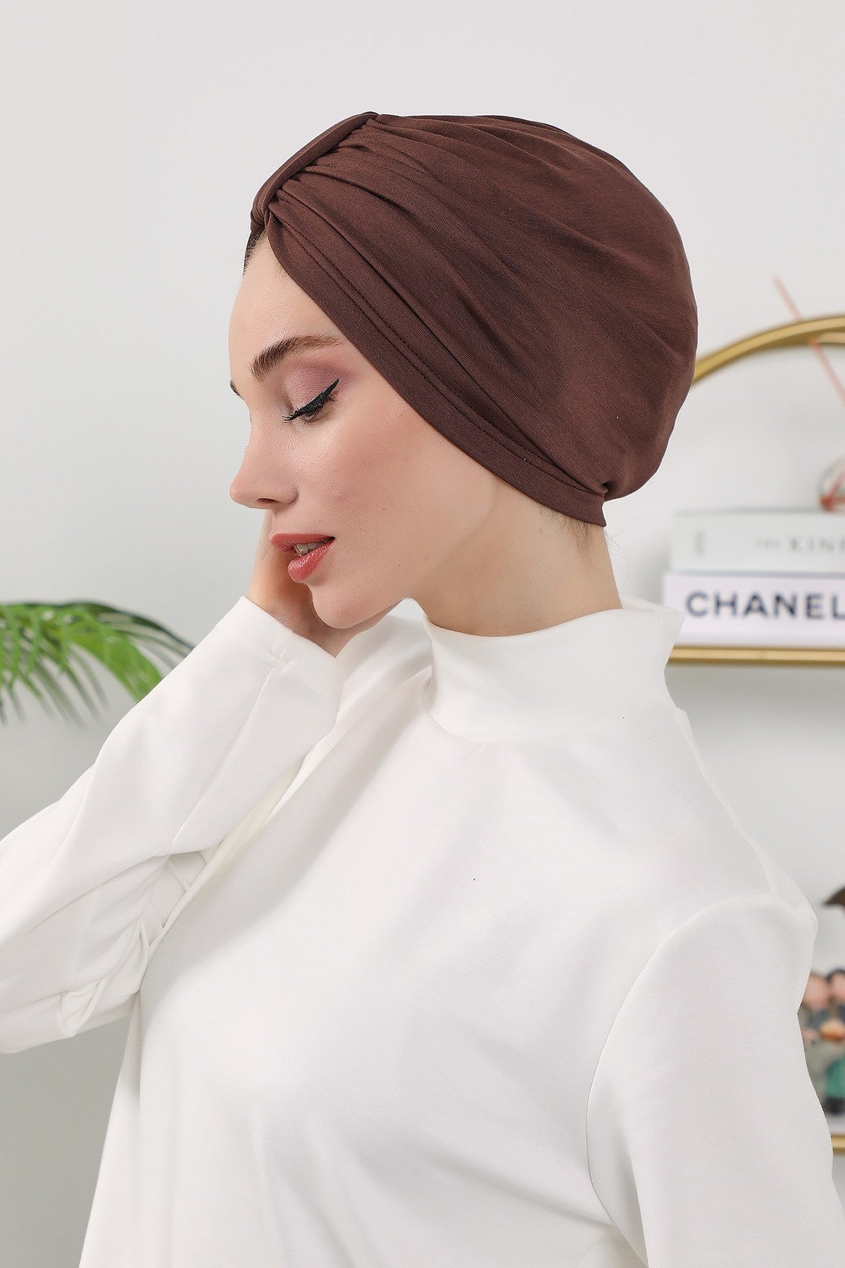 Stretchy All Season Turban Underscarf with Twist Front Design, Ready to Wear Women Bonnet for Daily Modest Wear,B-68O Brown