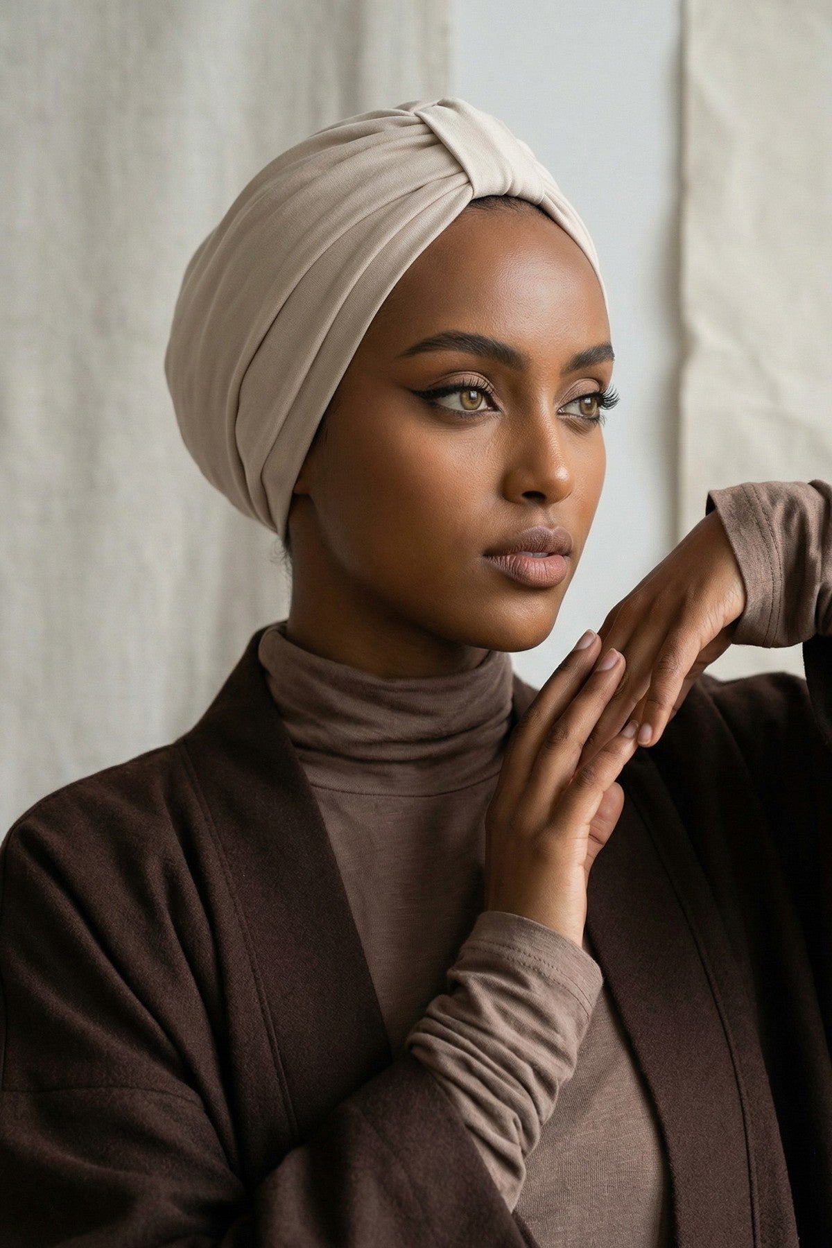 Stretchy All Season Turban Underscarf with Twist Front Design, Ready to Wear Women Bonnet for Daily Modest Wear,B-68O Beige