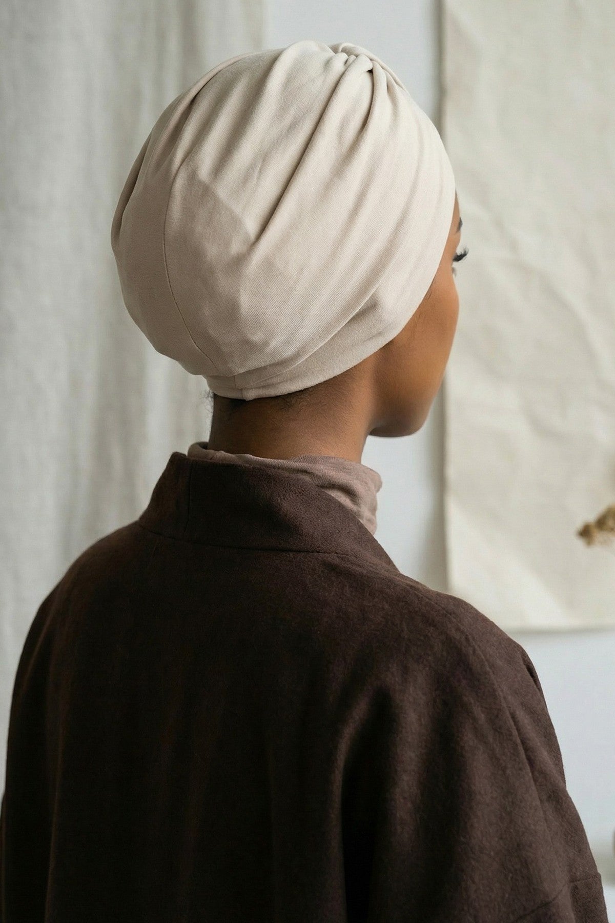 Stretchy All Season Turban Underscarf with Twist Front Design, Ready to Wear Women Bonnet for Daily Modest Wear,B-68O Beige