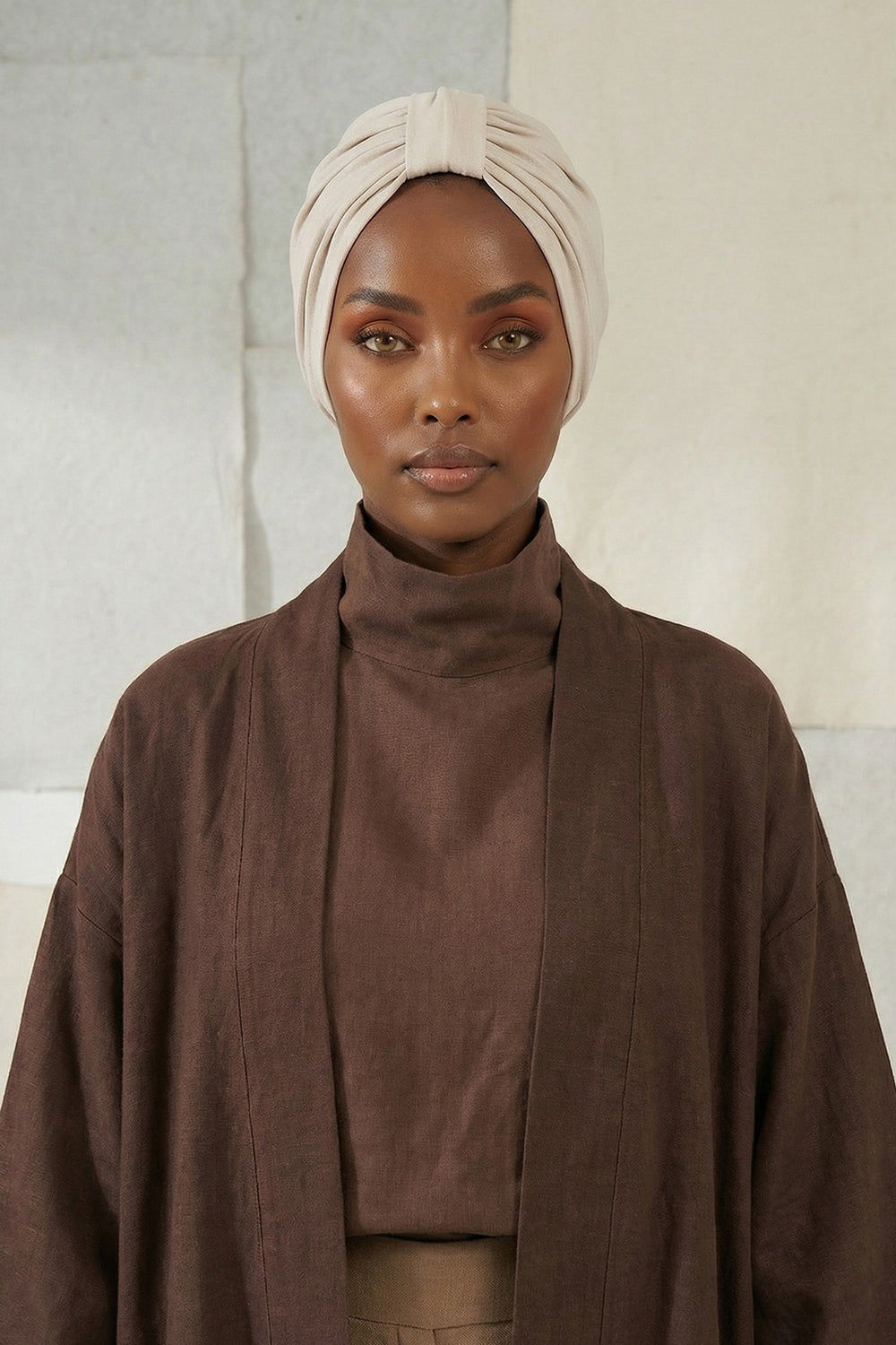 Stretchy All Season Turban Underscarf with Twist Front Design, Ready to Wear Women Bonnet for Daily Modest Wear,B-68O Beige