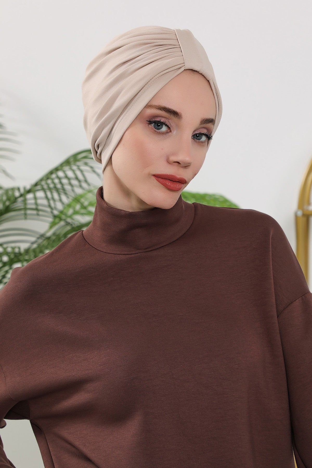 Stretchy All Season Turban Underscarf with Twist Front Design, Ready to Wear Women Bonnet for Daily Modest Wear,B-68O Beige