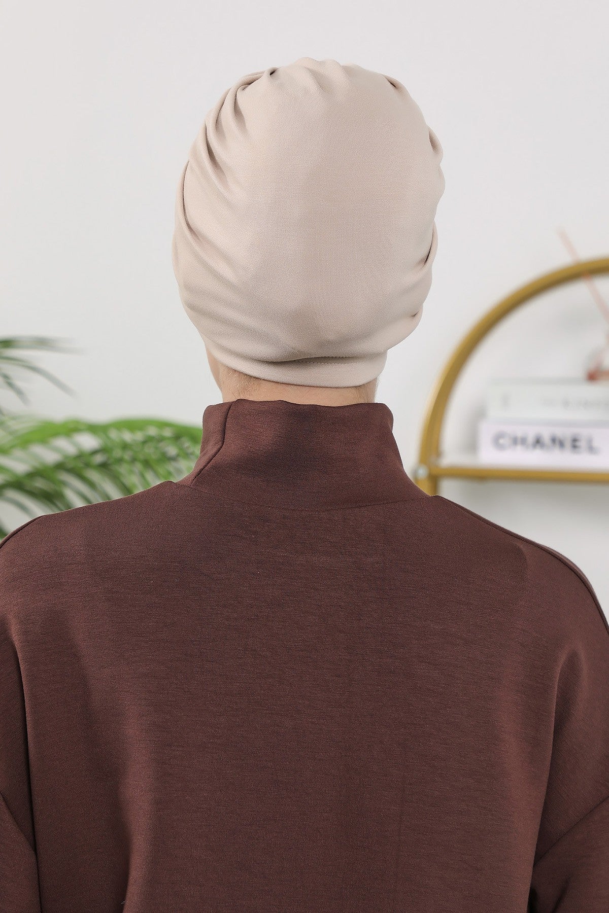 Stretchy All Season Turban Underscarf with Twist Front Design, Ready to Wear Women Bonnet for Daily Modest Wear,B-68O Beige