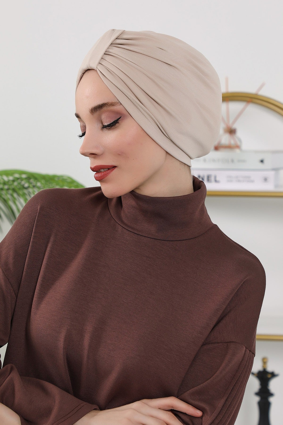 Stretchy All Season Turban Underscarf with Twist Front Design, Ready to Wear Women Bonnet for Daily Modest Wear,B-68O Beige