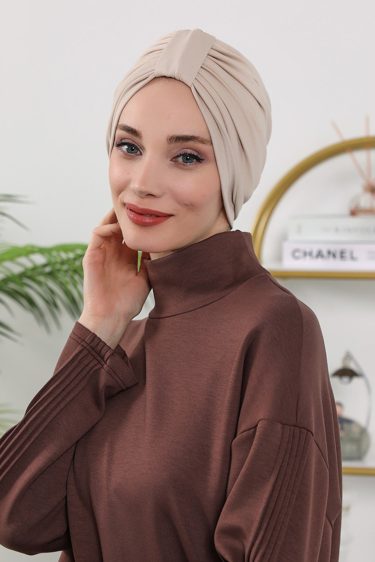 Stretchy All Season Turban Underscarf with Twist Front Design, Ready to Wear Women Bonnet for Daily Modest Wear,B-68O Beige