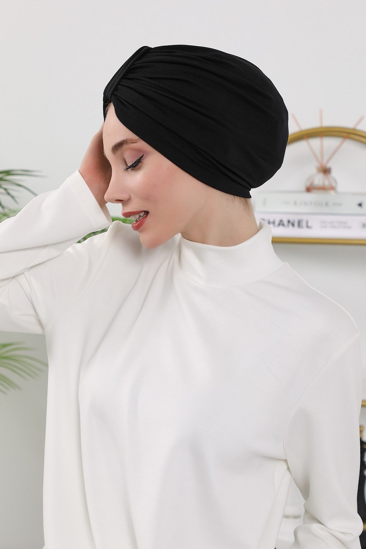 Stretchy All Season Turban Underscarf with Twist Front Design, Ready to Wear Women Bonnet for Daily Modest Wear,B-68O Black