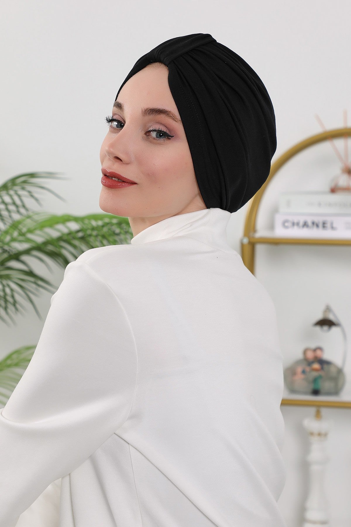 Stretchy All Season Turban Underscarf with Twist Front Design, Ready to Wear Women Bonnet for Daily Modest Wear,B-68O Black