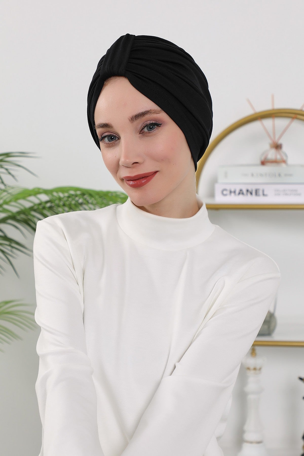 Stretchy All Season Turban Underscarf with Twist Front Design, Ready to Wear Women Bonnet for Daily Modest Wear,B-68O Black