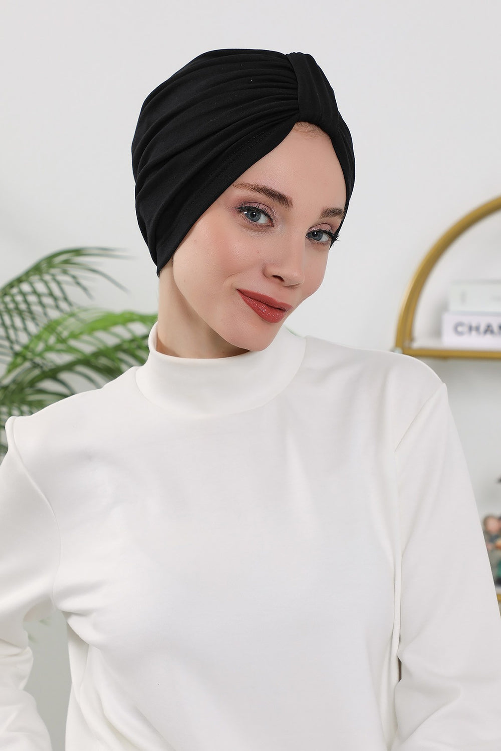 Stretchy All Season Turban Underscarf with Twist Front Design, Ready to Wear Women Bonnet for Daily Modest Wear,B-68O Black