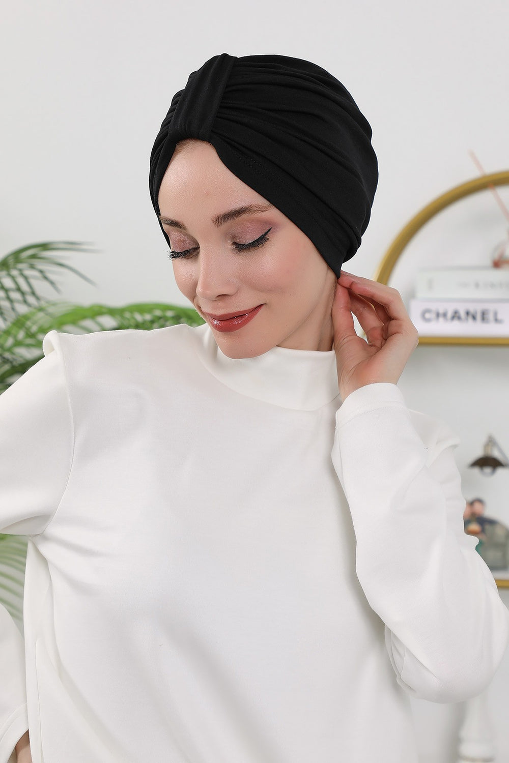 Stretchy All Season Turban Underscarf with Twist Front Design, Ready to Wear Women Bonnet for Daily Modest Wear,B-68O Black