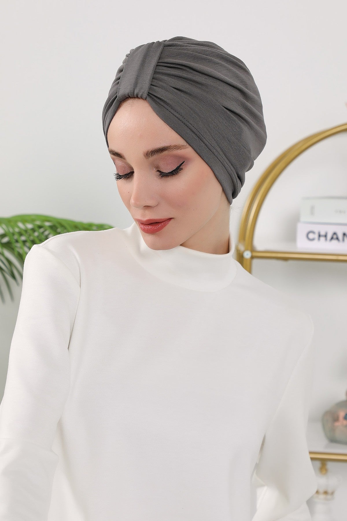 Stretchy All Season Turban Underscarf with Twist Front Design, Ready to Wear Women Bonnet for Daily Modest Wear,B-68O Anthracite