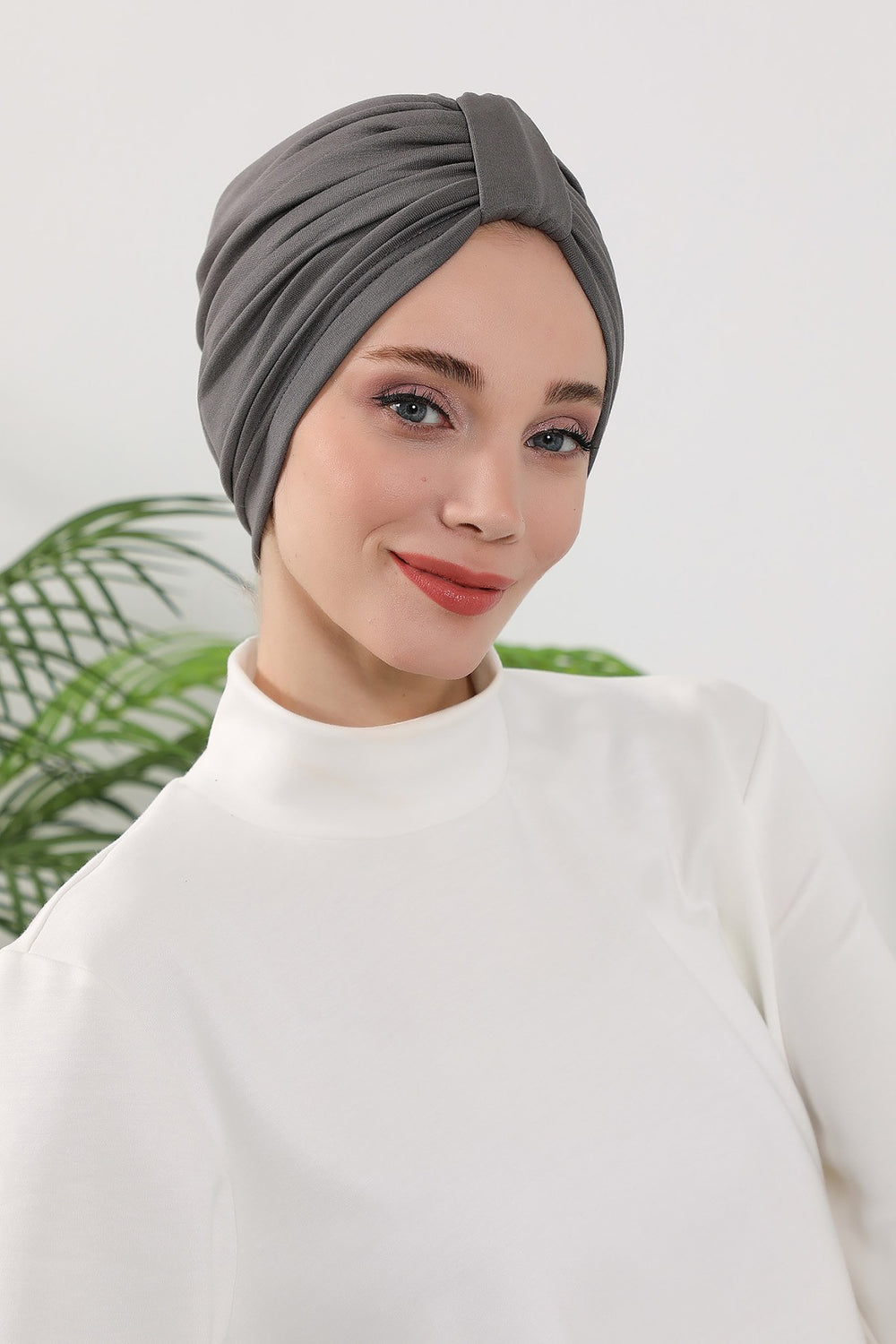 Stretchy All Season Turban Underscarf with Twist Front Design, Ready to Wear Women Bonnet for Daily Modest Wear,B-68O Anthracite