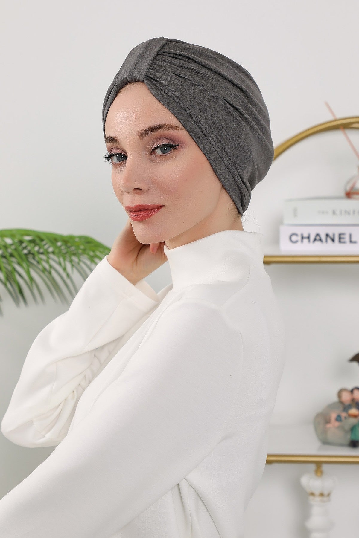 Stretchy All Season Turban Underscarf with Twist Front Design, Ready to Wear Women Bonnet for Daily Modest Wear,B-68O Anthracite