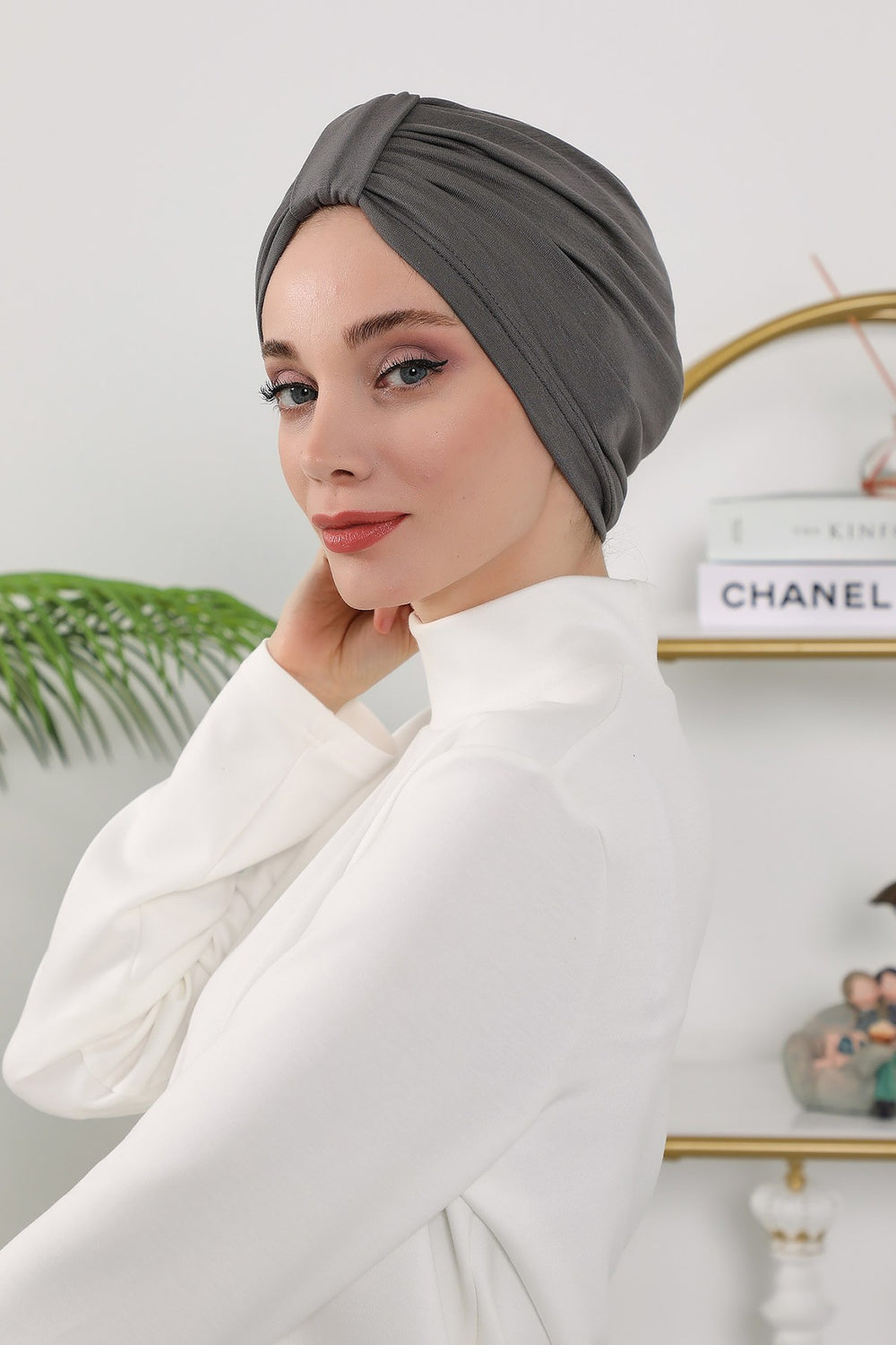 Stretchy All Season Turban Underscarf with Twist Front Design, Ready to Wear Women Bonnet for Daily Modest Wear,B-68O Anthracite