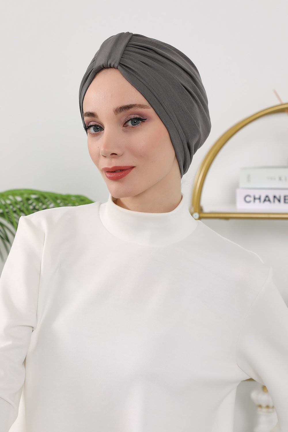 Stretchy All Season Turban Underscarf with Twist Front Design, Ready to Wear Women Bonnet for Daily Modest Wear,B-68O Anthracite