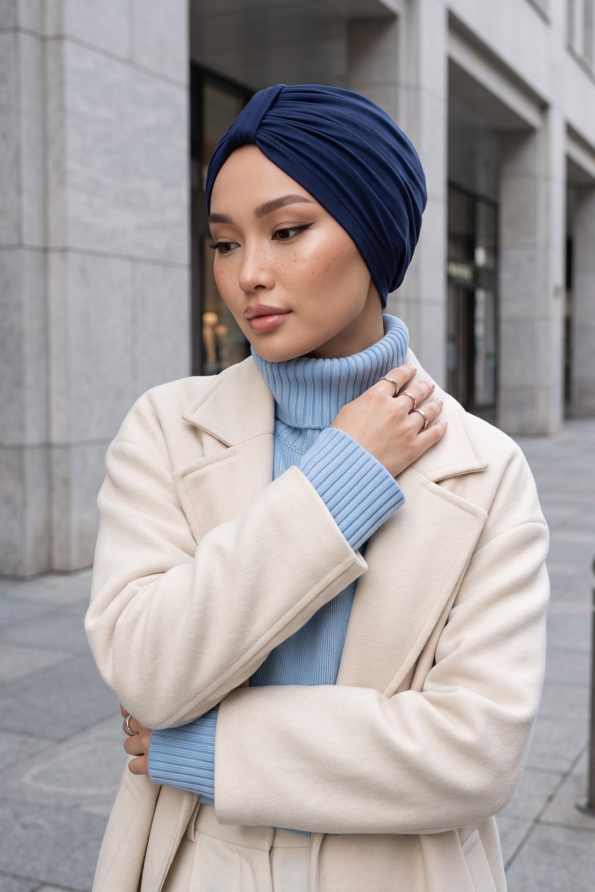 Stretchy All Season Turban Underscarf with Twist Front Design, Ready to Wear Women Bonnet for Daily Modest Wear,B-68O Navy Blue