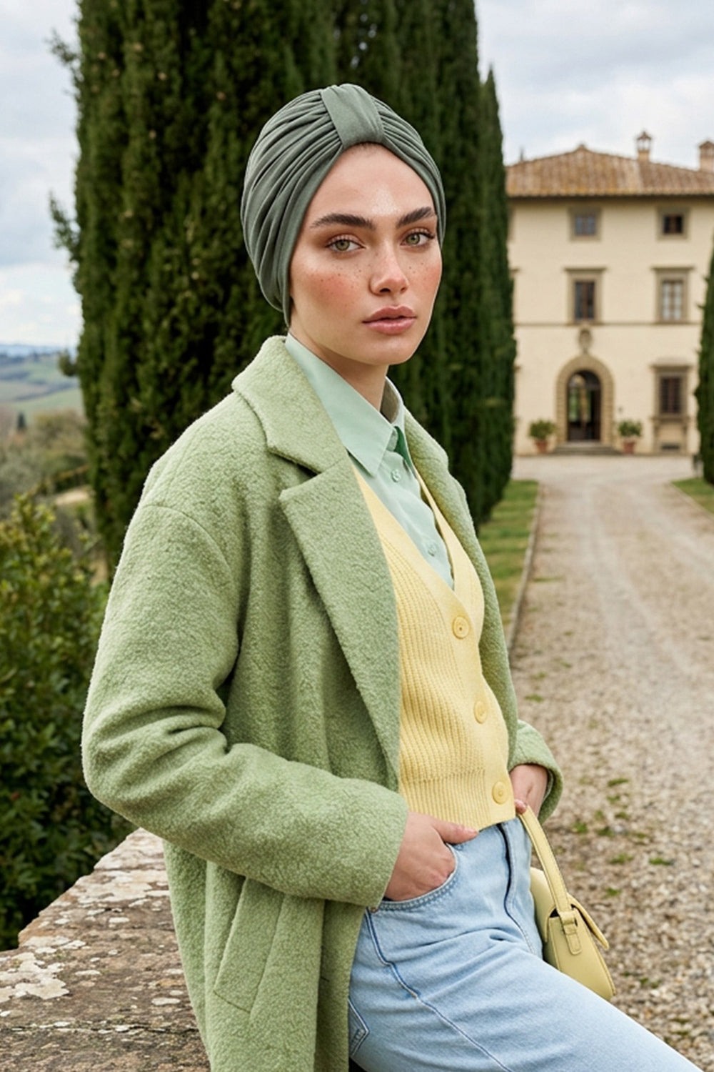 Stretchy All Season Turban Underscarf with Twist Front Design, Ready to Wear Women Bonnet for Daily Modest Wear,B-68O Army Green