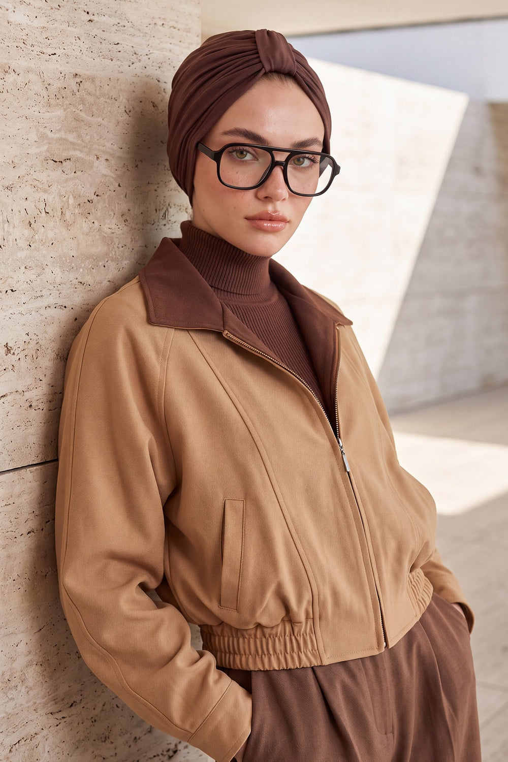 Stretchy All Season Turban Underscarf with Twist Front Design, Ready to Wear Women Bonnet for Daily Modest Wear,B-68O Brown