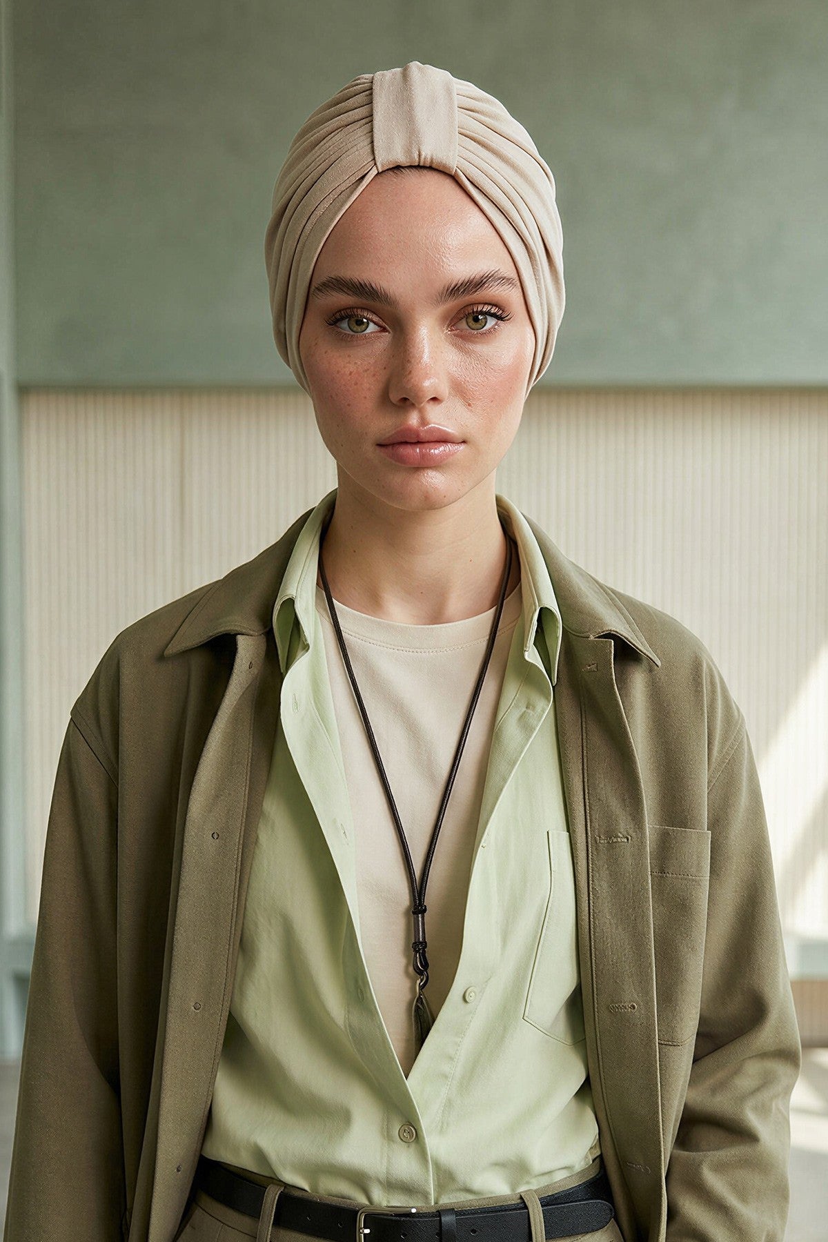 Stretchy All Season Turban Underscarf with Twist Front Design, Ready to Wear Women Bonnet for Daily Modest Wear,B-68O Beige