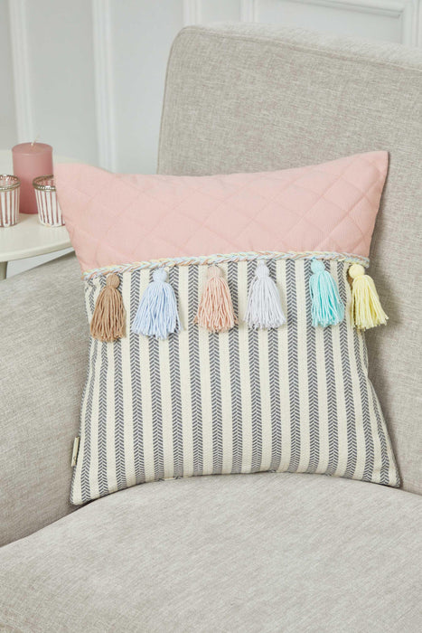 Striped and Quilted Boho Pillow Cover with Colorful Hanging Tassels, 18x18 Inches Stylish Living Room Pillow Cover Housewarming Gift,K-196