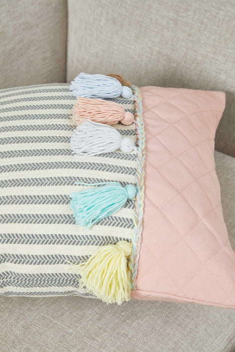 Striped and Quilted Boho Pillow Cover with Colorful Hanging Tassels, 18x18 Inches Stylish Living Room Pillow Cover Housewarming Gift,K-196