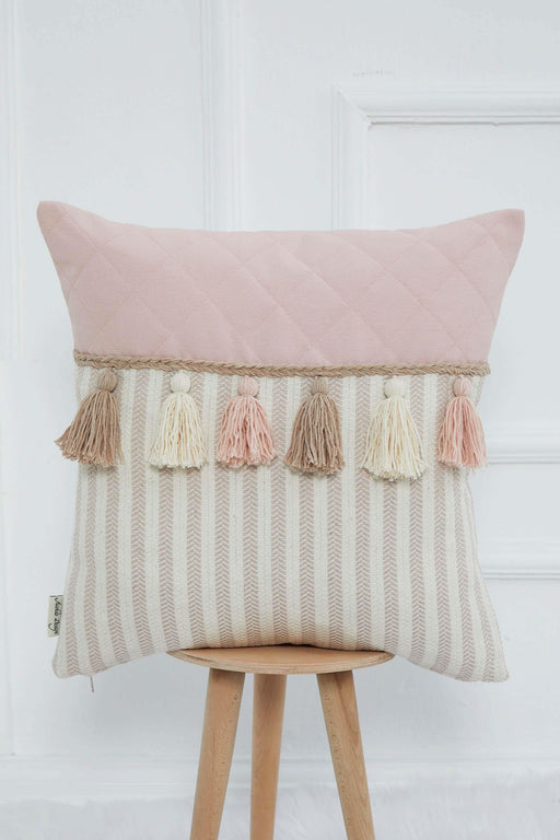 Striped and Quilted Boho Pillow Cover with Colorful Hanging Tassels, 18x18 Inches Stylish Living Room Pillow Cover Housewarming Gift,K-196 Light Powder-Mink Striped Pattern