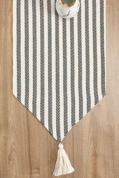مفرش طاولة قطني مخطط مع شرابة 12 × 36 بوصة (30 × 90 سم) مفرش طاولة قابل للغسل في الغسالة لتزيين المنزل والمطبخ وحفلات الشواء وكل يوم والعطلات، R-55K
