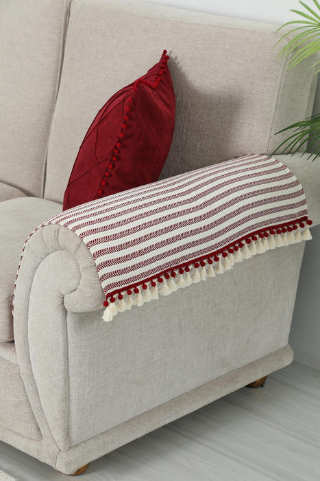 Striped Couch Arm Protectors with Tassels & Pom Poms, Armrest Covers Set of 2 for Bohemian & Minimalist Home Decoration,KC-10