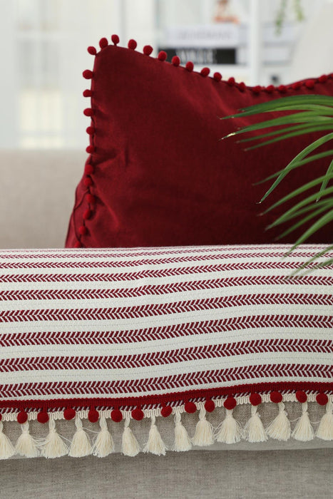 Striped Couch Arm Protectors with Tassels & Pom Poms, Armrest Covers Set of 2 for Bohemian & Minimalist Home Decoration,KC-10