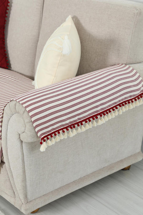 Striped Couch Arm Protectors with Tassels & Pom Poms, Armrest Covers Set of 2 for Bohemian & Minimalist Home Decoration,KC-10