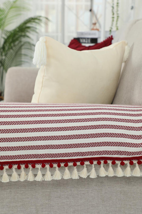 Striped Couch Arm Protectors with Tassels & Pom Poms, Armrest Covers Set of 2 for Bohemian & Minimalist Home Decoration,KC-10