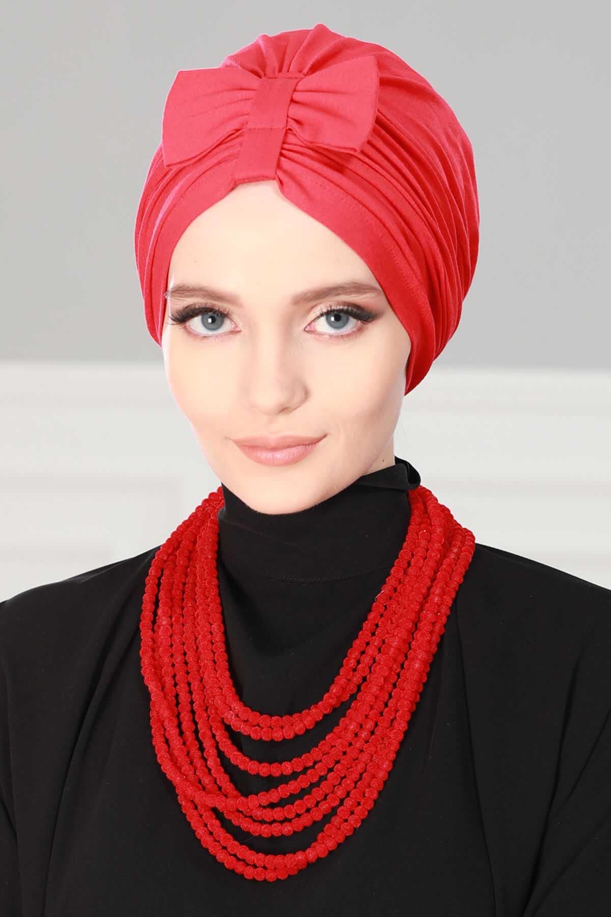 Stylish Bowtie Instant Turban Hijab Bonnet Cap for Women, Easy to Wear Jersey Headwrap with Chic Knot Detail, Modern Modest Fashion,B-7 Red