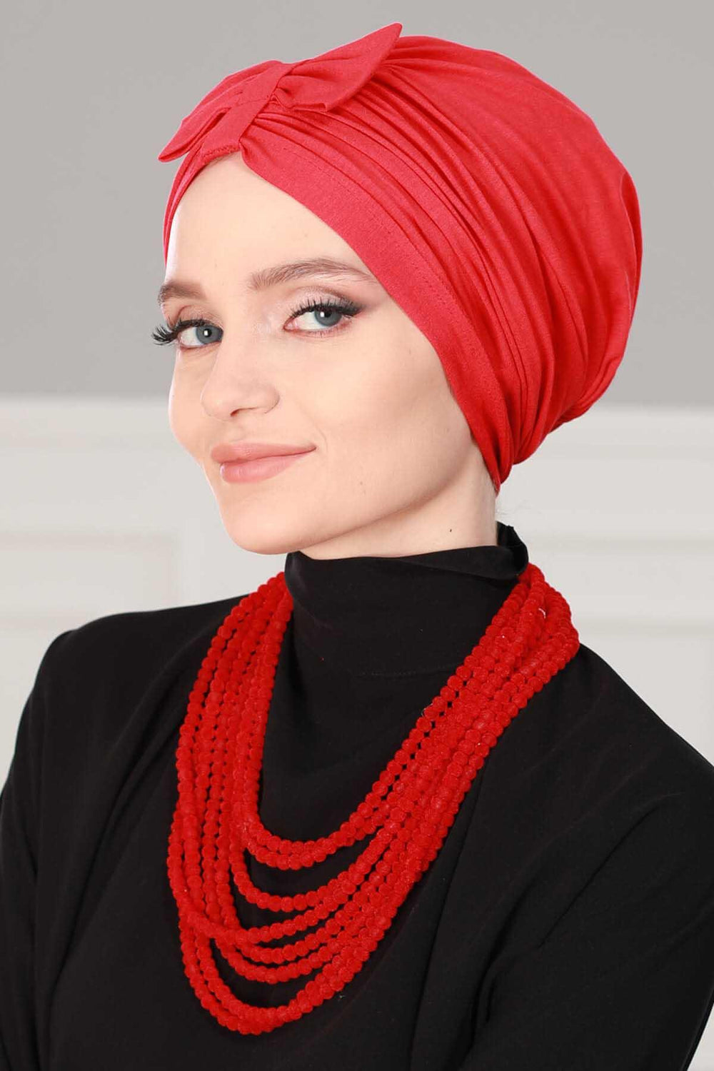 Stylish Bowtie Instant Turban Hijab Bonnet Cap for Women, Easy to Wear Jersey Headwrap with Chic Knot Detail, Modern Modest Fashion,B-7 Red