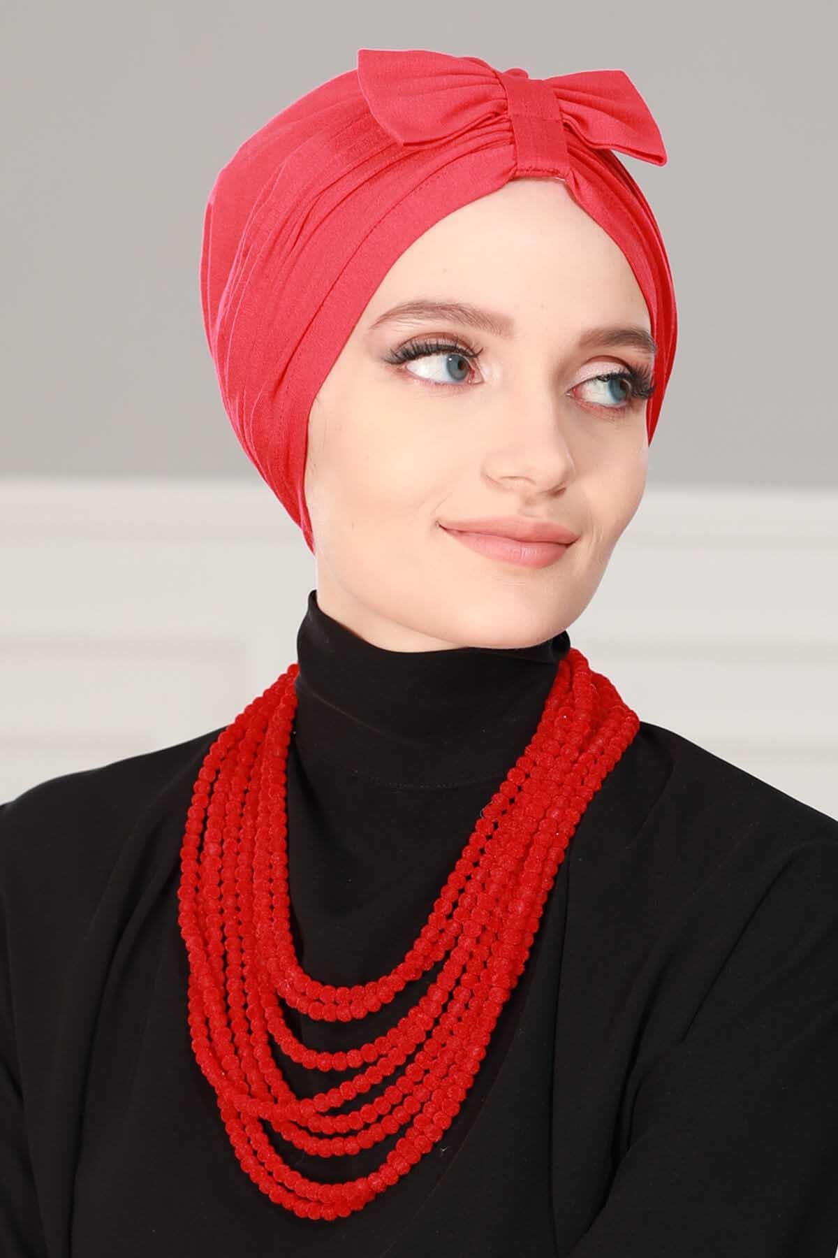 Stylish Bowtie Instant Turban Hijab Bonnet Cap for Women, Easy to Wear Jersey Headwrap with Chic Knot Detail, Modern Modest Fashion,B-7 Red