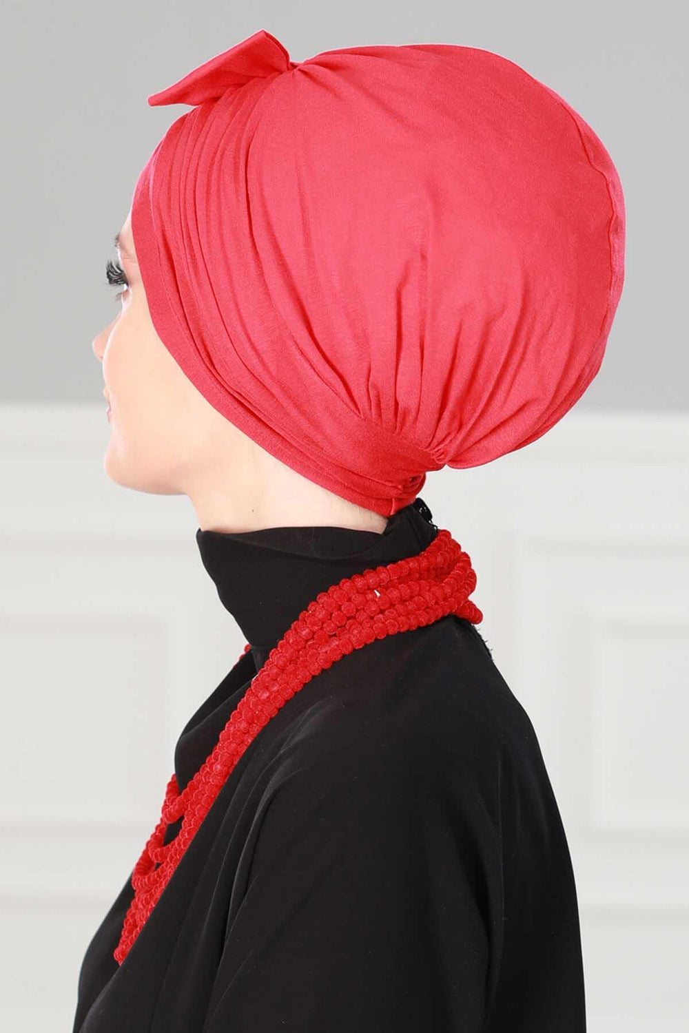 Stylish Bowtie Instant Turban Hijab Bonnet Cap for Women, Easy to Wear Jersey Headwrap with Chic Knot Detail, Modern Modest Fashion,B-7 Red