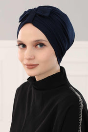 Stylish Bowtie Instant Turban Hijab Bonnet Cap for Women, Easy to Wear Jersey Headwrap with Chic Knot Detail, Modern Modest Fashion,B-7 Navy Blue