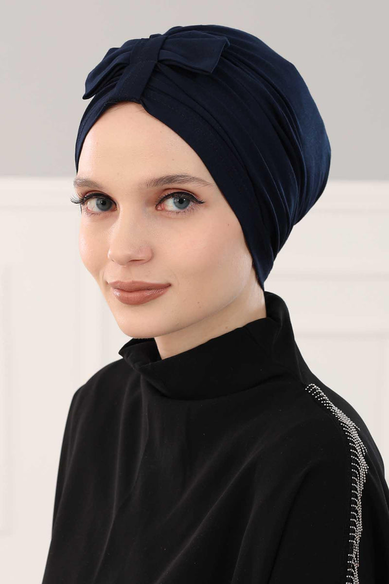 Stylish Bowtie Instant Turban Hijab Bonnet Cap for Women, Easy to Wear Jersey Headwrap with Chic Knot Detail, Modern Modest Fashion,B-7 Navy Blue